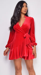Dream Red Ruffled Wrap Velvet Mini Dress